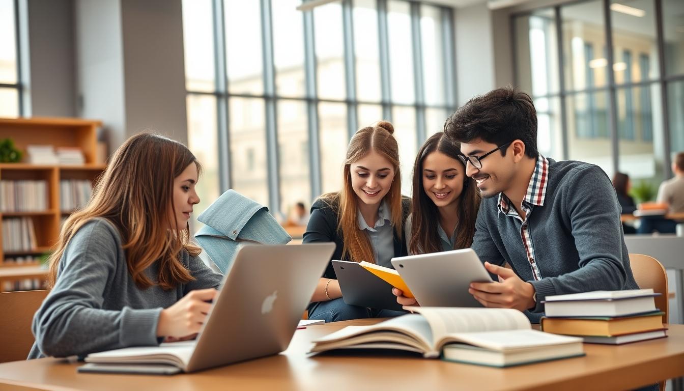 Students studying together in modern classroom